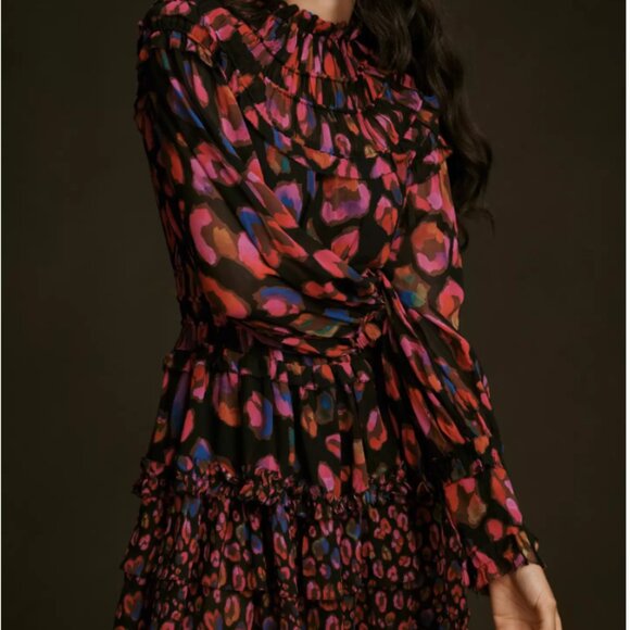 NWT FARM Rio Iridescent Leopard Print Ruffled Mini Dress Black Smocked Neck XXS - Picture 4 of 4